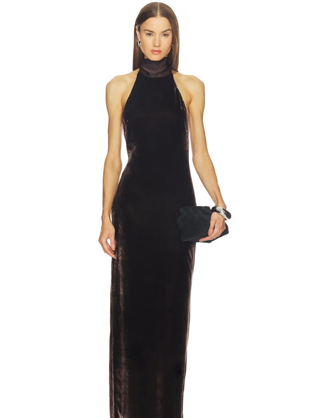 Delia Dress: High-Neck Black Velvet Maxi Halter Dress